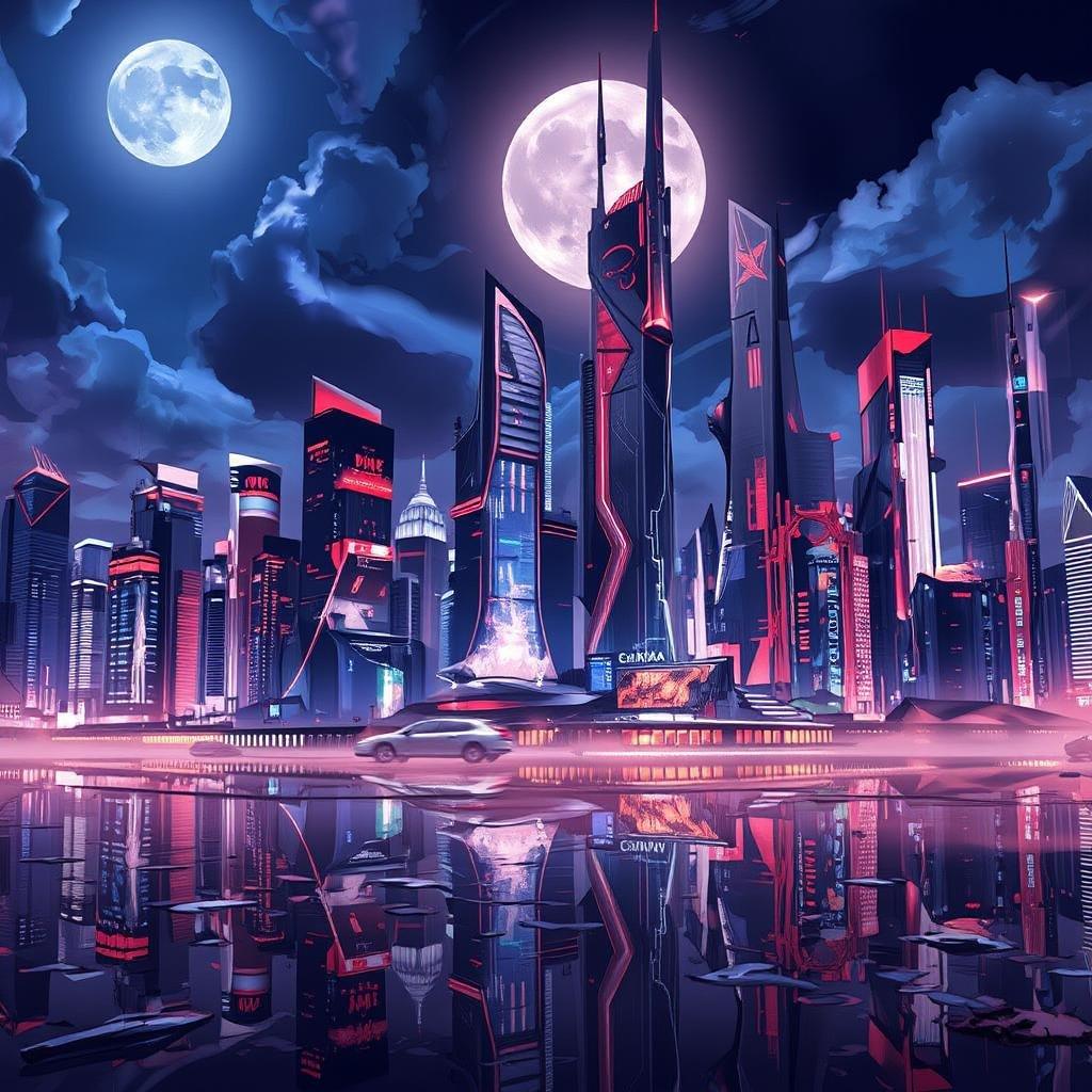 A breathtaking view of a futuristic city under the night sky. The high-rise buildings light up with vibrant neon lights that reflect on the still waters, while the moon and stars add to the otherworldly ambiance. This wallpaper captures the essence of an advanced urban landscape bathed in colorful illumination.