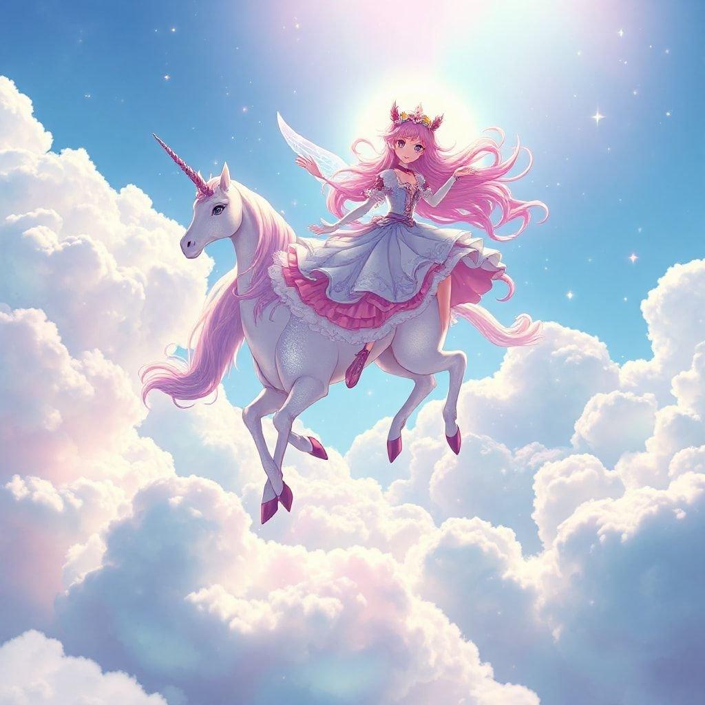 This anime princess is riding a magnificent unicorn through the clouds, embracing her fairytale spirit. Perfect for a dreamy desktop or mobile background.