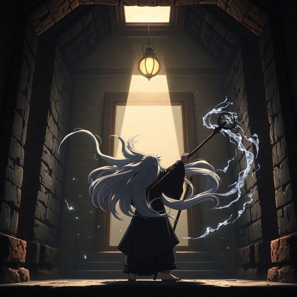 Step into a mystical world with this captivating anime wallpaper, where a skilled sorcerer summons spirits in a dimly lit temple.