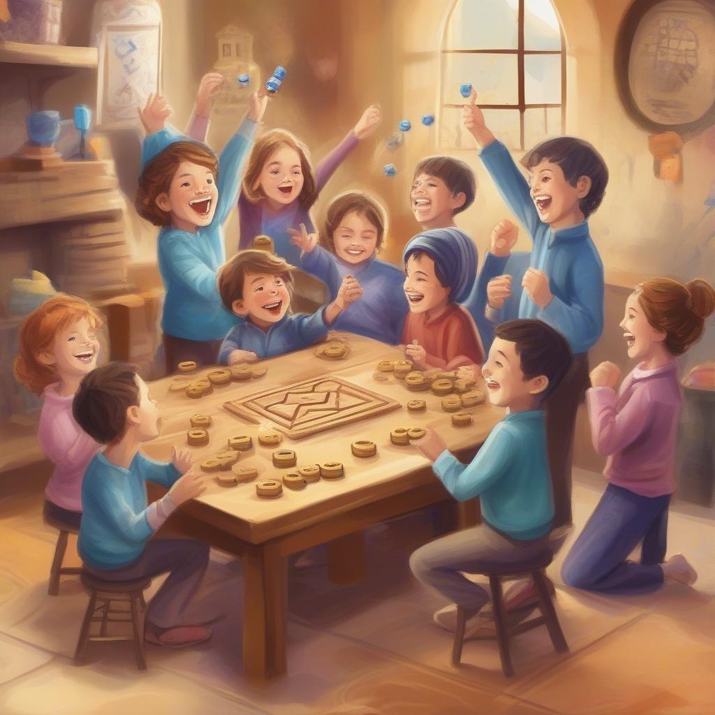 A joyful scene of people celebrating Hanukkah with a menorah, dreidels, and traditional foods.