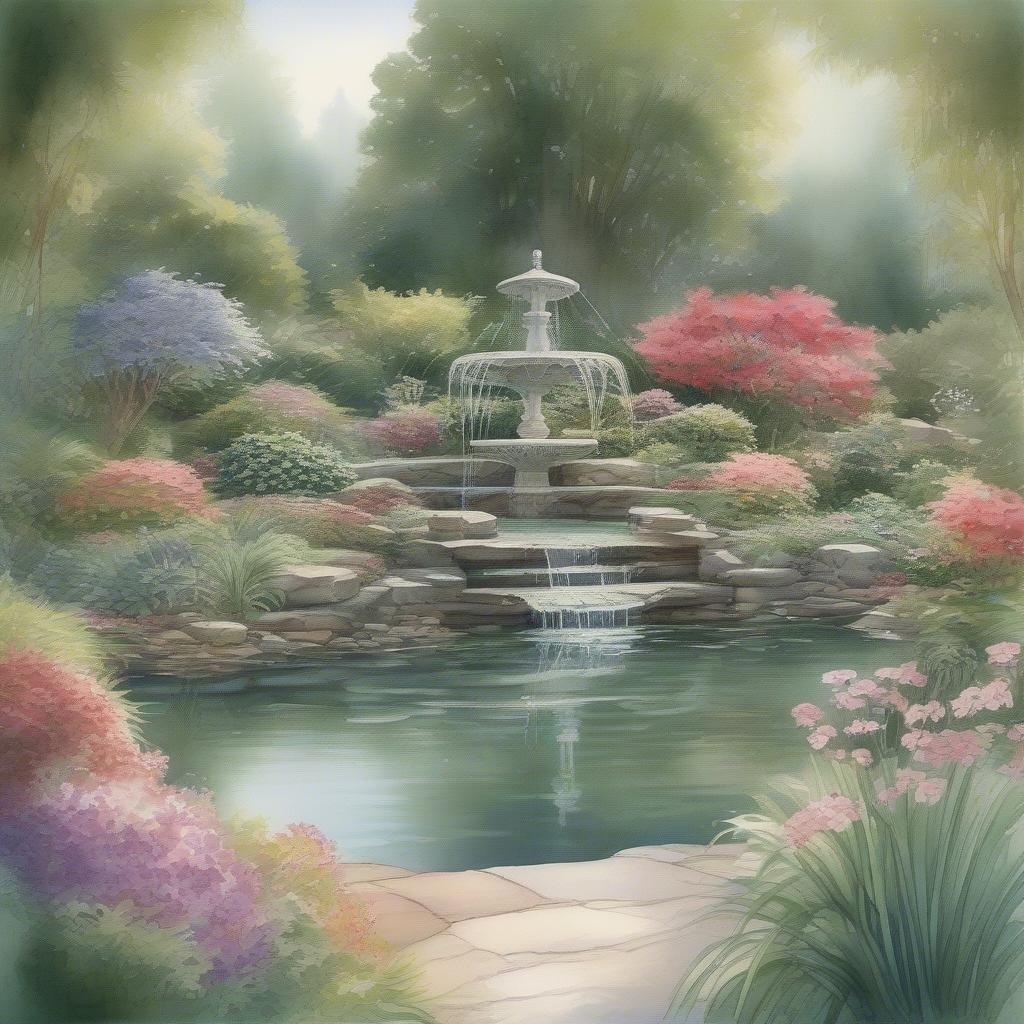 This serene garden scene features a water fountain, surrounded by vibrant flowers in hues of pink and purple. The tranquil atmosphere and manicured beauty reflect the elegance found in nature's finest corners.