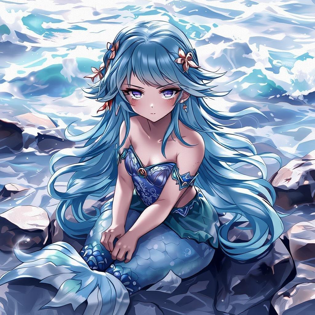 Discover the world of fantasy with this anime-style depiction of a mermaid princess. Her mesmerizing light blue and green hair flows like the ocean as she sits gracefully on the shore, her gaze meeting yours.