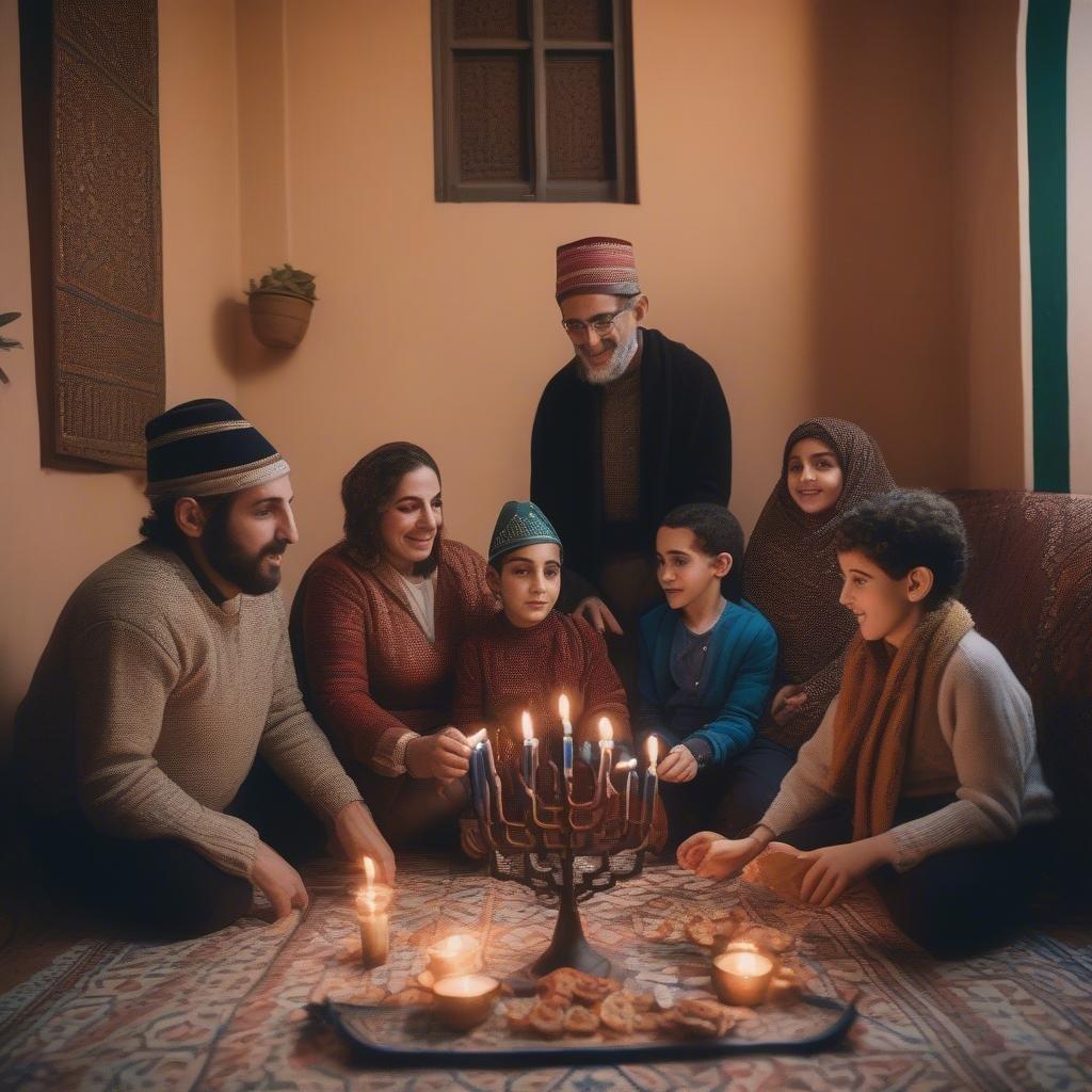 A family of six people, including two adults and four children, are gathered around a table with a menorah in the center. They are all wearing warm clothing, suggesting that they are celebrating Hanukkah during the winter season.