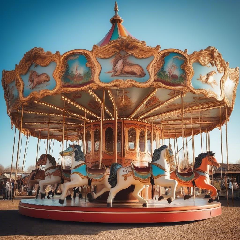 Step into a timeless adventure with this classic fairytale carousel ride. Each horse represents a moment of joy and nostalgia, as it spins around in a whimsical dance under the open sky.