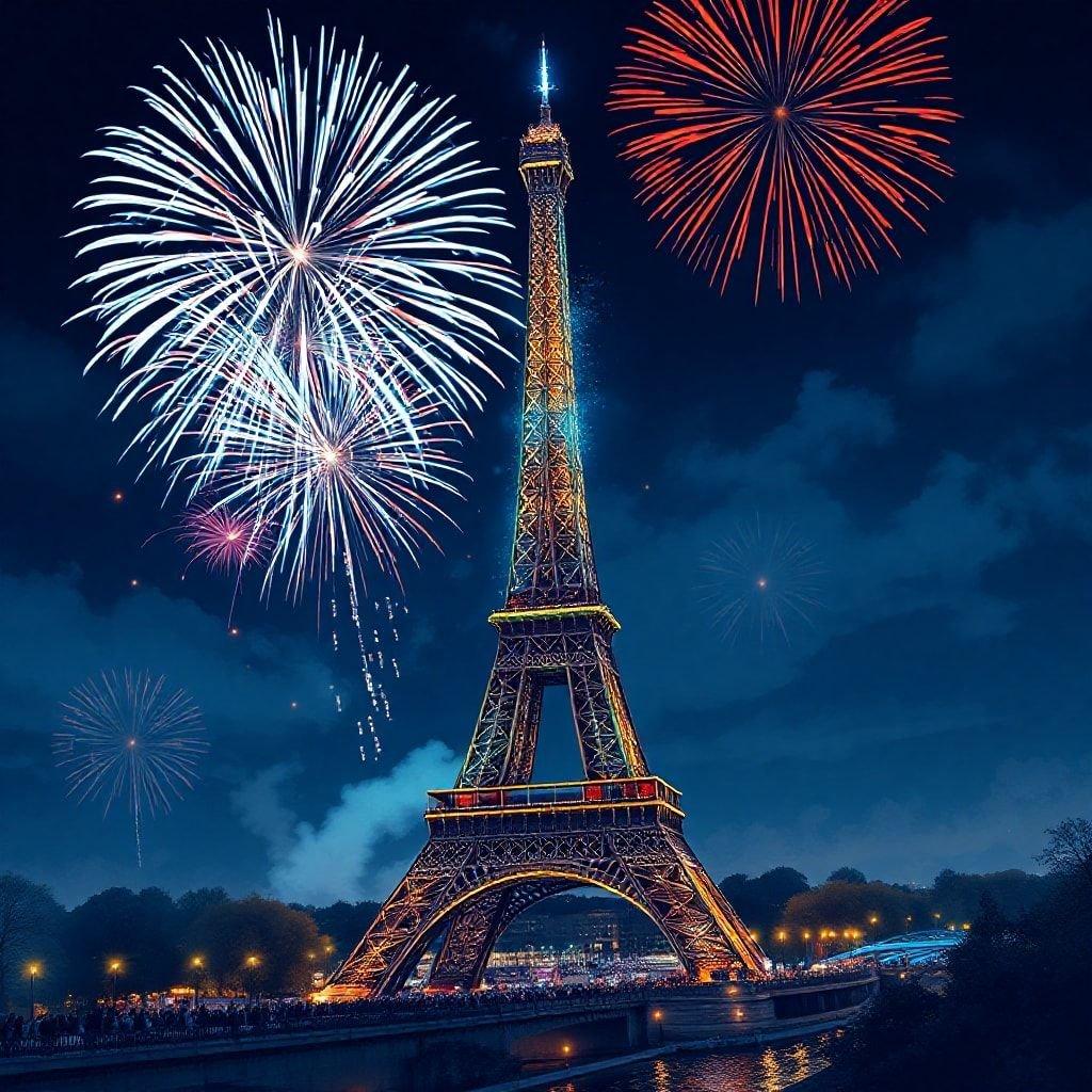 The iconic Eiffel Tower stands tall in the heart of Paris, France, illuminated against a night sky. A spectacular fireworks display lights up the city and the river Seine below, marking the start of another year.