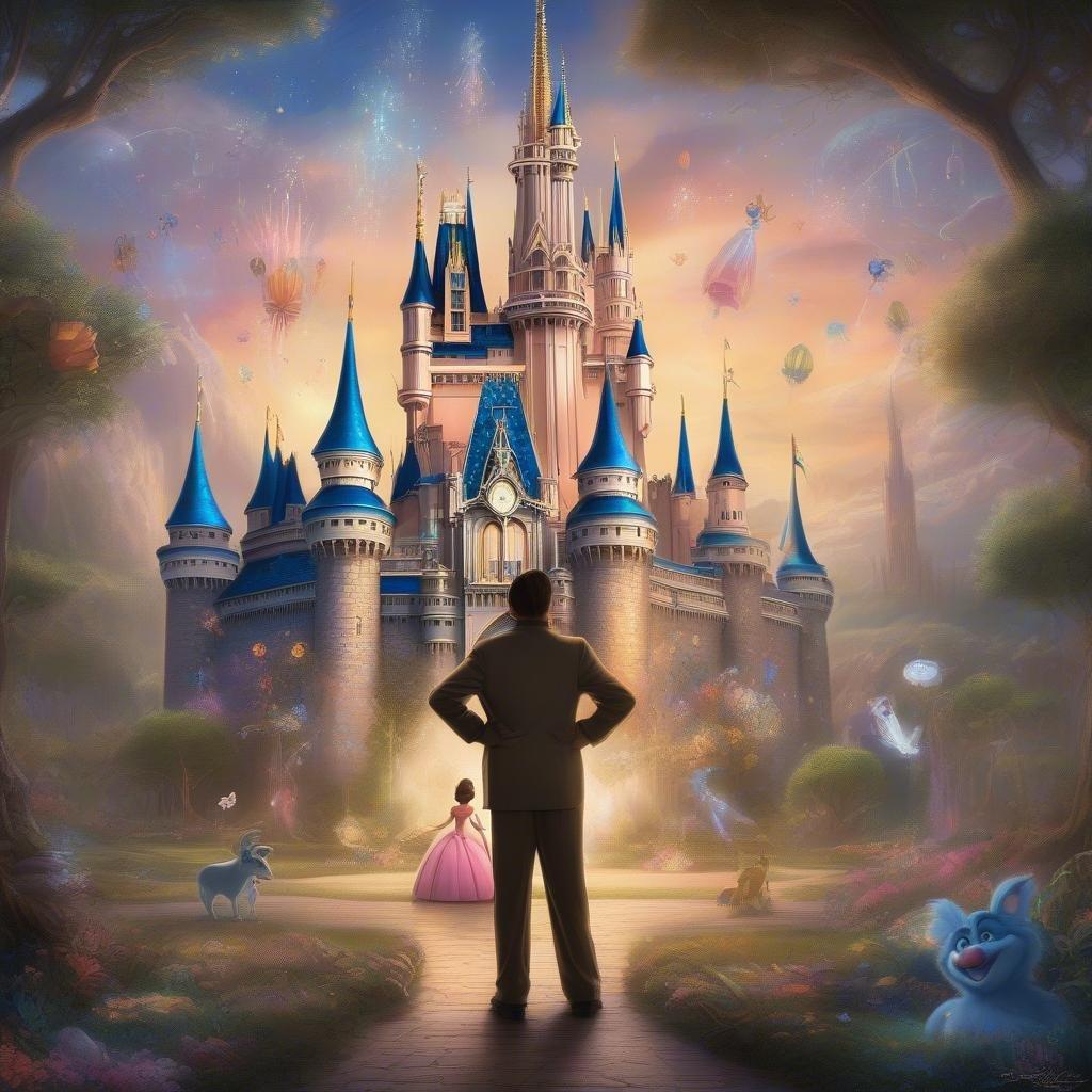 An enchanting journey towards the iconic fairytale castle, with a dash of Disney magic in the air. The castle stands majestically against the twilight sky, as dreams come alive under a canopy of stars.