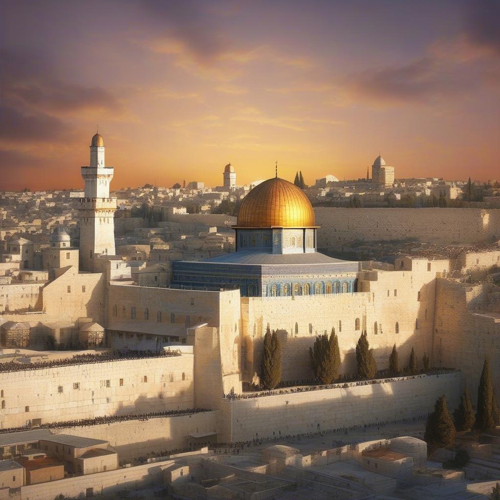 The Wailing Wall bathed in warm evening light with the iconic Dome of the Rock as a silhouette against the vibrant sky, evoking the spirit of Hanukkah's celebration in this historic landmark.