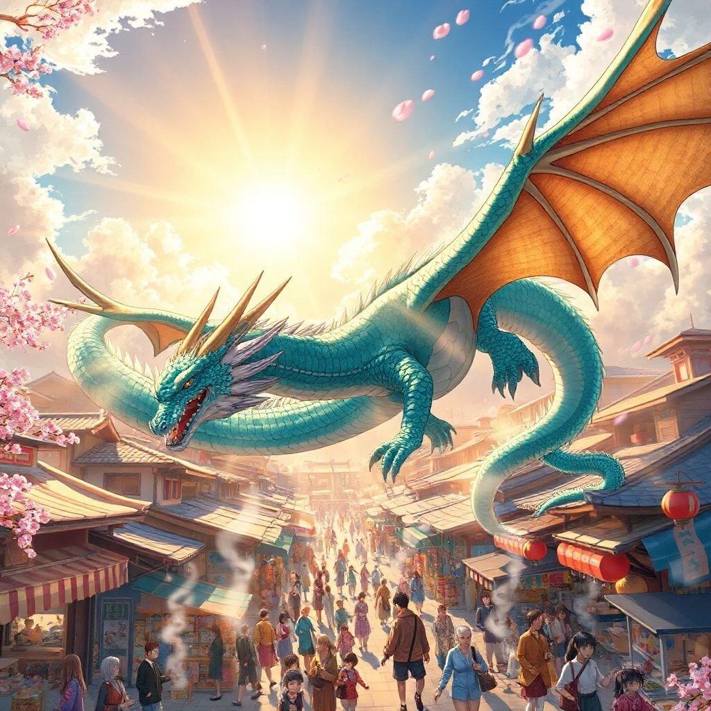 A majestic anime-style illustration of a dragon flying over a bustling Japanese market town, capturing a sense of motion and movement.