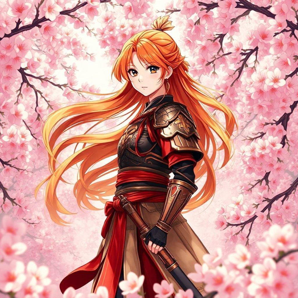 This wallpaper features a young samurai standing in a sea of cherry blossoms, with her vibrant orange and yellow hair contrasting the pink and white blossoms.