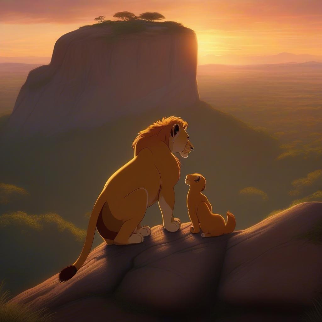 This wallpaper features a serene scene from Disney's The Lion King, showcasing Simba and Nala sitting on a rock, looking out at the sunset. The image captures the beauty of the African savannah, with the warm hues of the sunset casting a golden glow over the landscape. The image is perfect for fans of the beloved Disney movie and anyone who loves the beauty of nature.