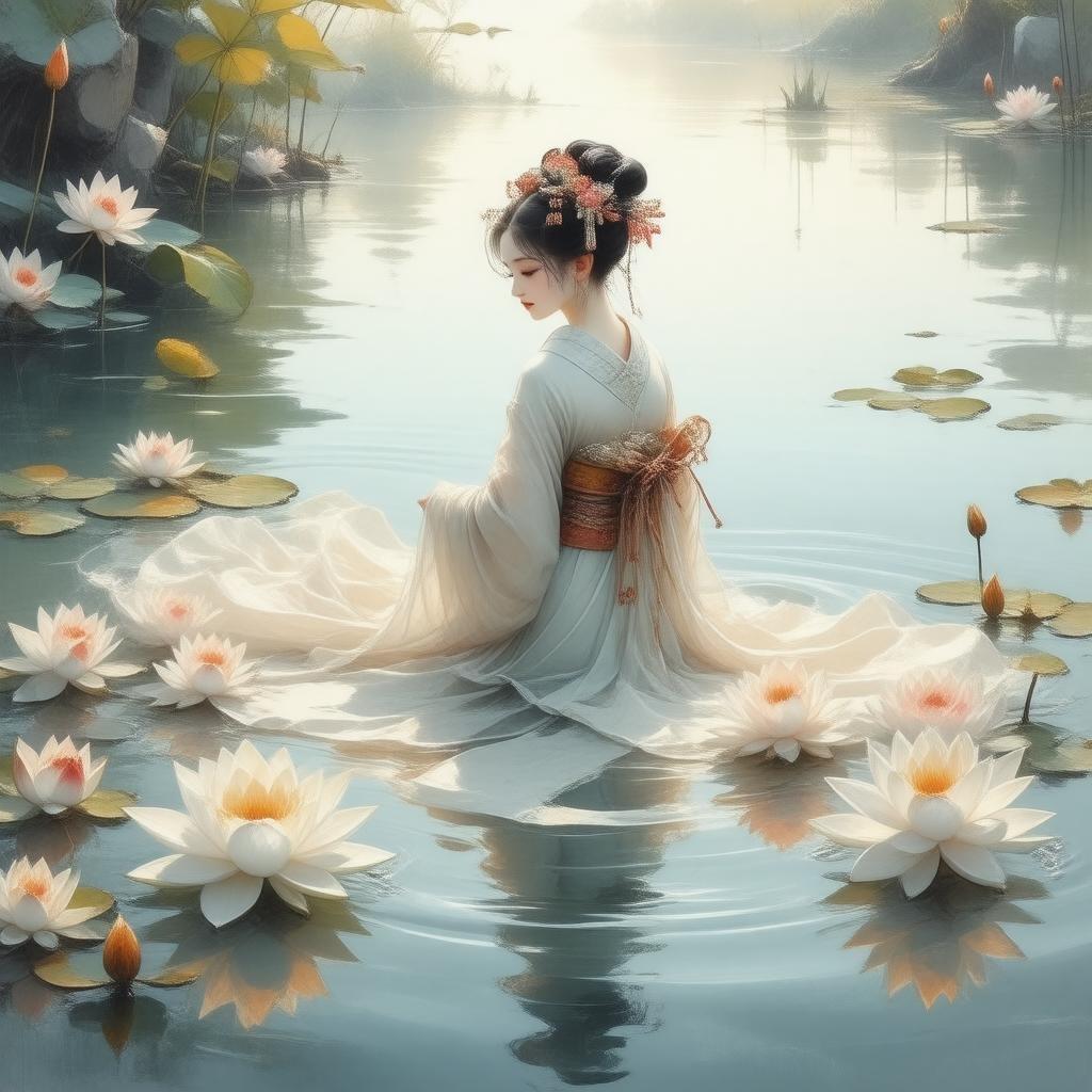 Immerse yourself in the tranquil beauty of this digital illustration, where a geisha floats gracefully on a serene lake, surrounded by blooming lilies and lotus flowers. The delicate blend of natural and artificial elements creates a harmonious scene, with a soft, warm color palette adding depth and serenity.