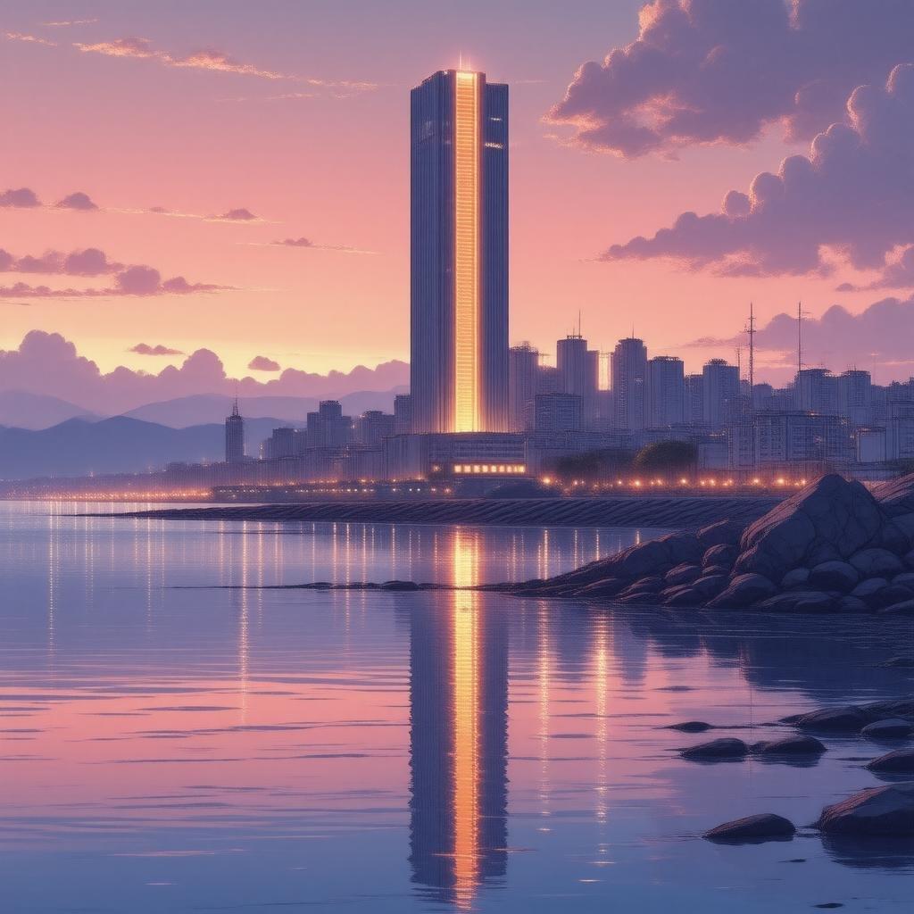 Experimente a tranquilidade de uma paisagem urbana de anime ao pôr do sol, onde um arranha-céu futurista se ergue em uma costa rochosa, sua fachada brilhante refletindo a atmosfera pacífica.