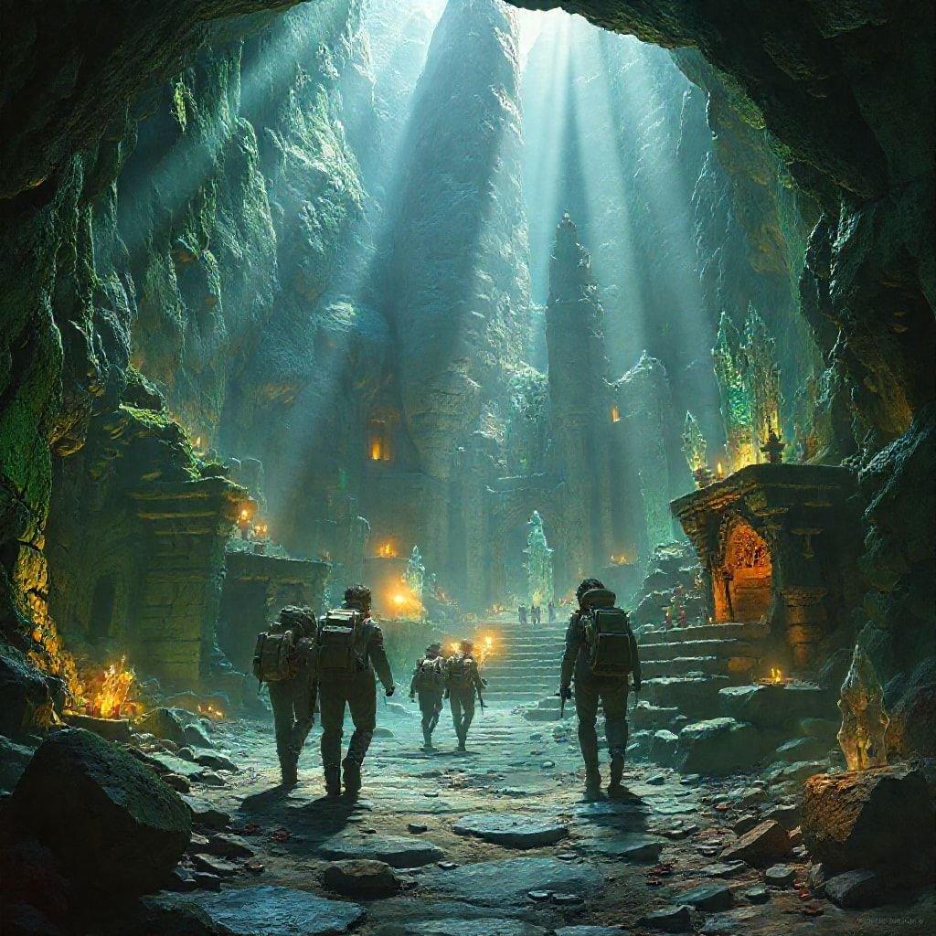 A group of adventurers braving the unknown, exploring a mysterious cave with ancient ruins.