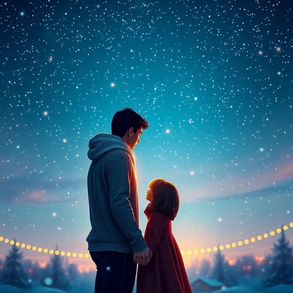 A romantic couple looking at the stars on a winter night, perfect for a New Year's wallpaper.