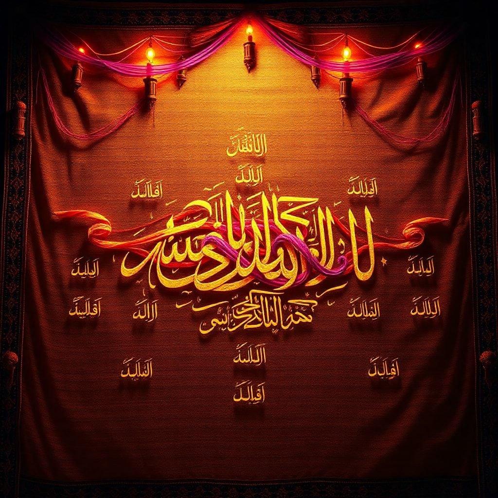 Celebrate the festive spirit of Ramadan with this elegant wallpaper. The golden calligraphy of the Shahada, the Islamic declaration of faith, forms a stunning centerpiece on a rich brown background. This image is perfect for desktop and mobile devices to celebrate Eid and the end of Ramadan.