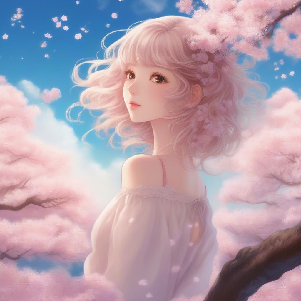 Questa bellissima illustrazione in stile anime cattura un momento sereno di una ragazza circondata da fiori di ciliegio, con i capelli che fluiscono in tonalità chiare e scure, ambientata in una dolce foresta color rosa e un tranquillo cielo blu con nuvole bianche e soffici.