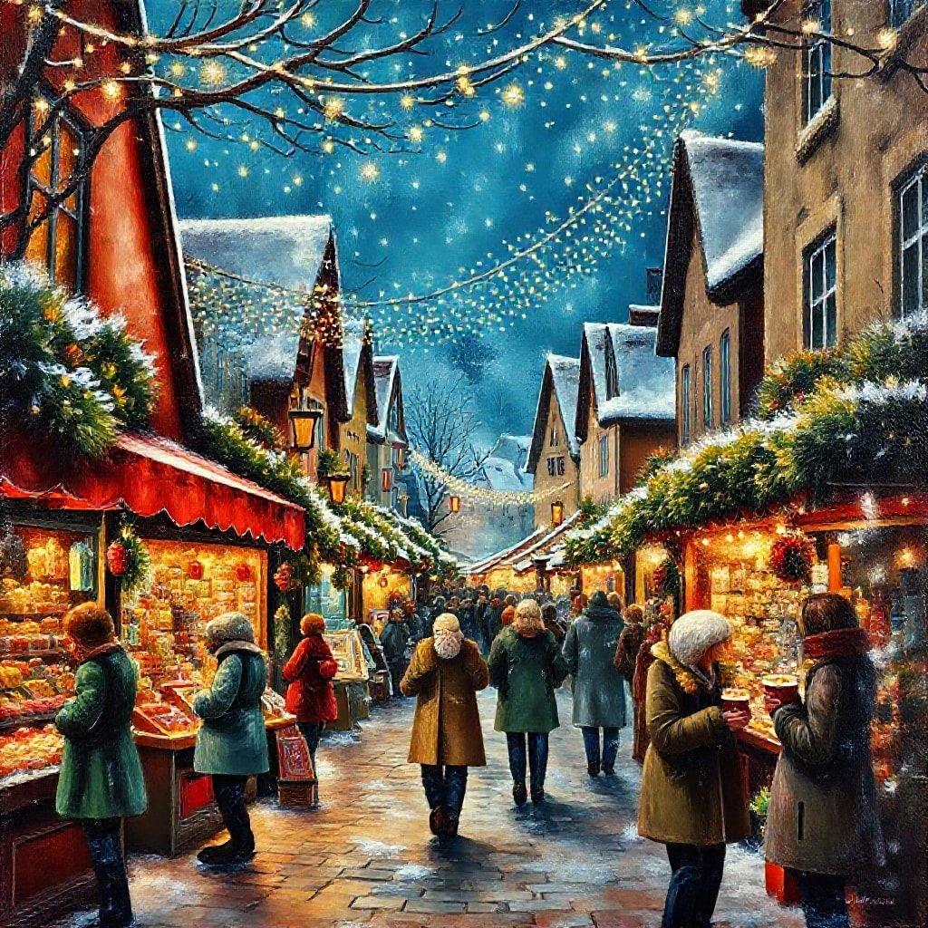 A bustling city street decorated with holiday lights, where people are enjoying the festive winter market. The aroma of mulled wine fills the air as visitors browse for handmade crafts and Christmas gifts.