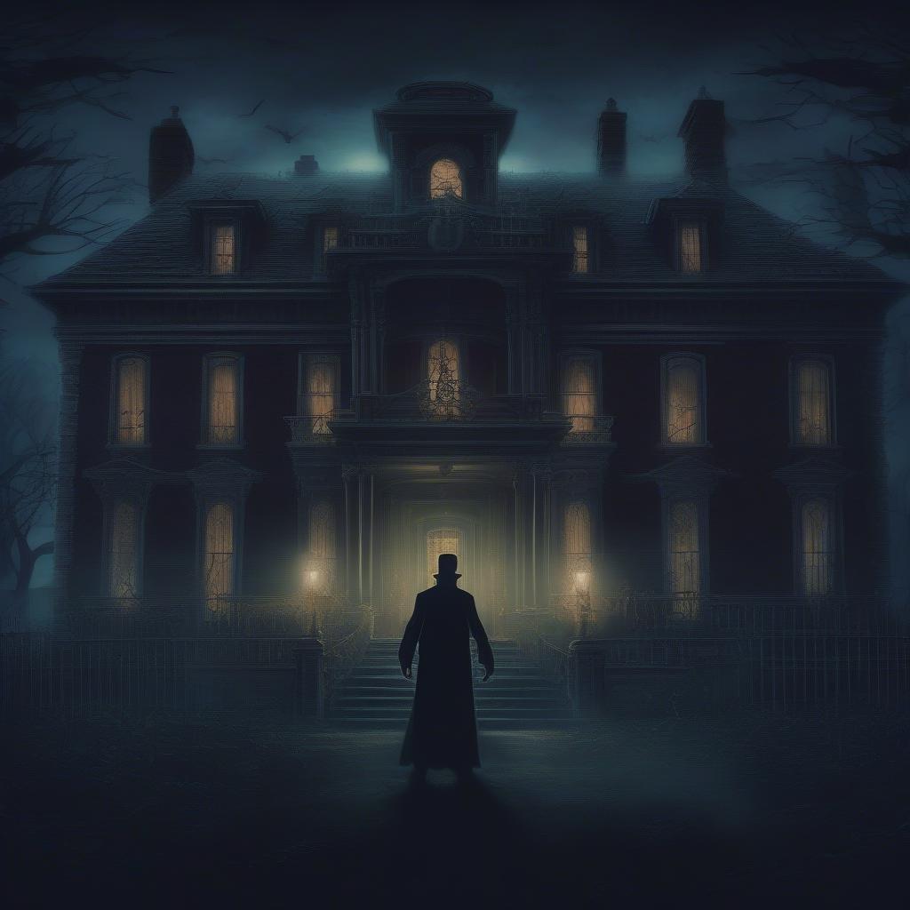 A mysterious and ominous mansion with a man in a long coat and top hat standing in front of it. The dark and cloudy sky adds to the spooky atmosphere.