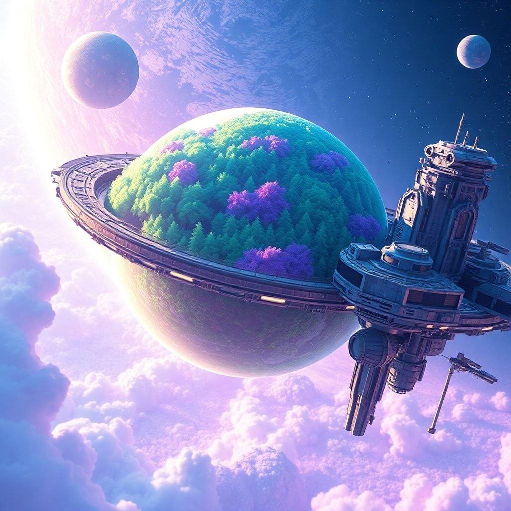 This stunning anime-style wallpaper features a large space station hovering above a vibrant planet, with a beautiful iridescent green and purple forest-covered planet in the background. The scene is bathed in a warm glow, creating a sense of tranquility and wonder.