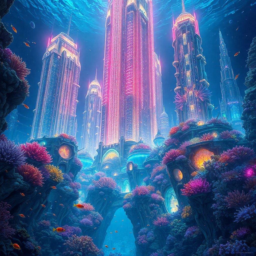 Mystical cityscape submerged in the ocean, where fantasy meets reality. Stunning architecture illuminated by neon lights.