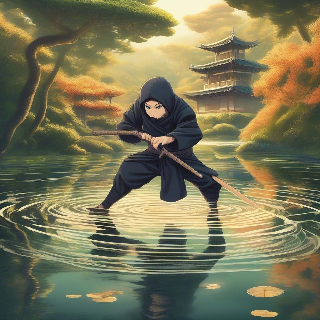 Ce fond d'écran anime époustouflant met en scène un ninja naviguant à travers un labyrinthe de réflexions dans un étang calme. L'accent est mis sur les détails complexes de la compétence du ninja et les détails complexes de son corps, avec un arrière-plan flou indiquant la profondeur. La scène capture un moment de tranquillité, se concentrant sur le mouvement énergique du ninja.