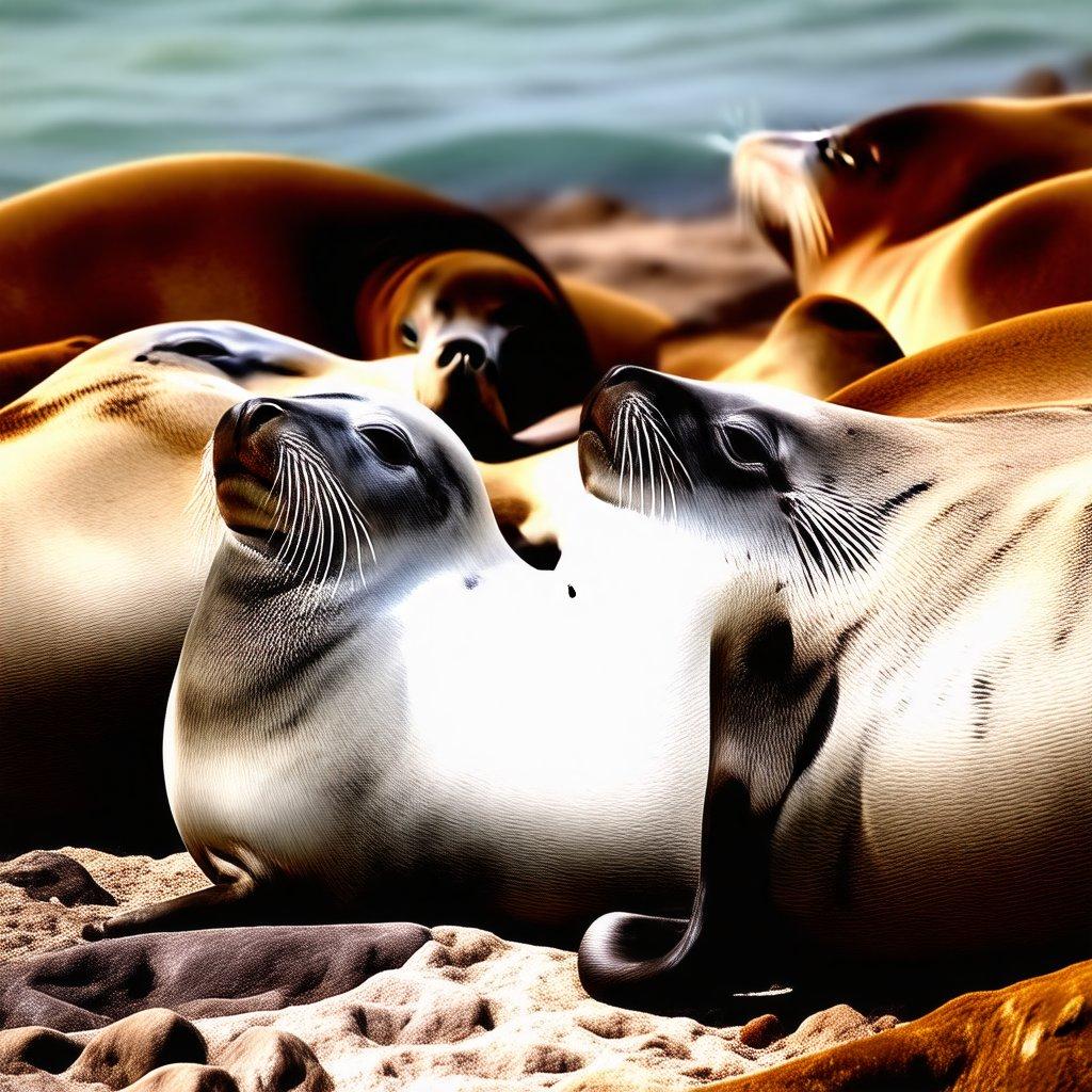 Uma cena serena com focas descansando na costa enquanto o sol se põe, criando uma atmosfera acolhedora. Ótimo papel de parede para relaxamento e apreciação da natureza.