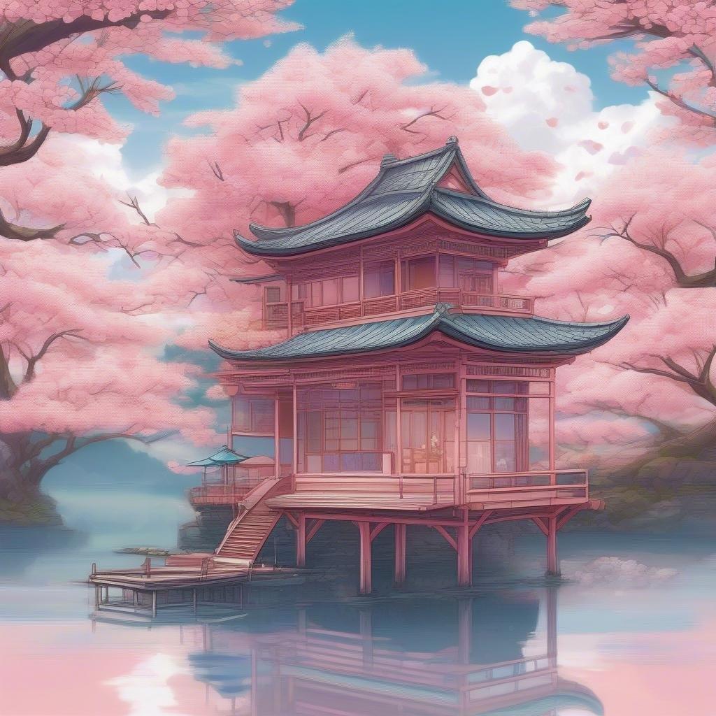 A serene anime depiction of a traditional Japanese tea house nestled amidst cherry blossom trees, floating above the clouds. The artwork showcases vibrant pink and white hues with soft mist adding to the dreamy ambiance.