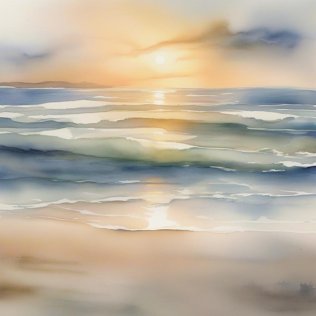 A tranquil scene with the sun setting over the ocean, painting a beautiful reflection on the water's surface. The soft waves lapping against the sand create a sense of peace and relaxation.