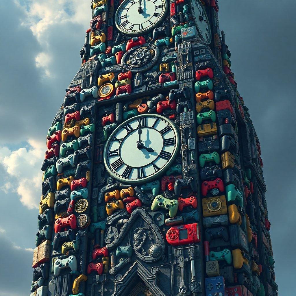 A whimsical clock tower that celebrates the video game genre, featuring a variety of iconic controllers and characters.