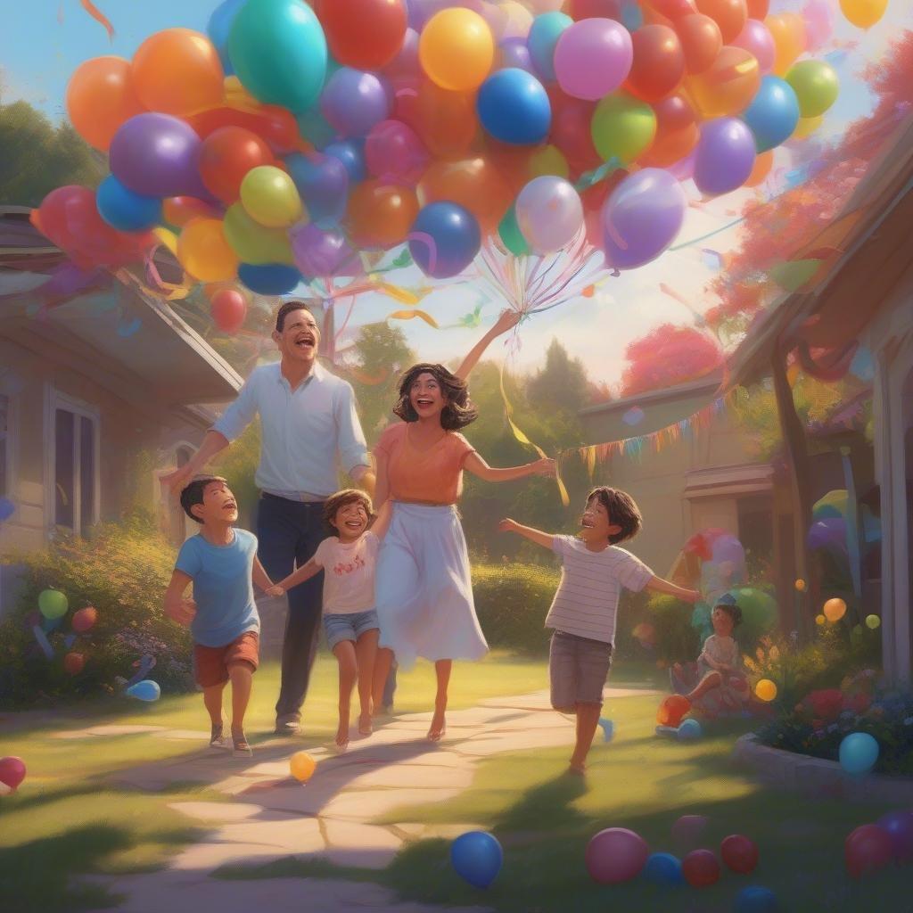 Una familia pasa un encantador Día del Padre juntos, liberando una ráfaga de globos coloridos en el cielo despejado. La escena captura la alegría y el calor de una familia celebrando esta ocasión especial.