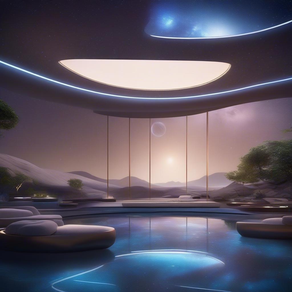 A serene, futuristic meditation space under a starry sky. The garden's ethereal lighting and modern design invite relaxation and reflection.