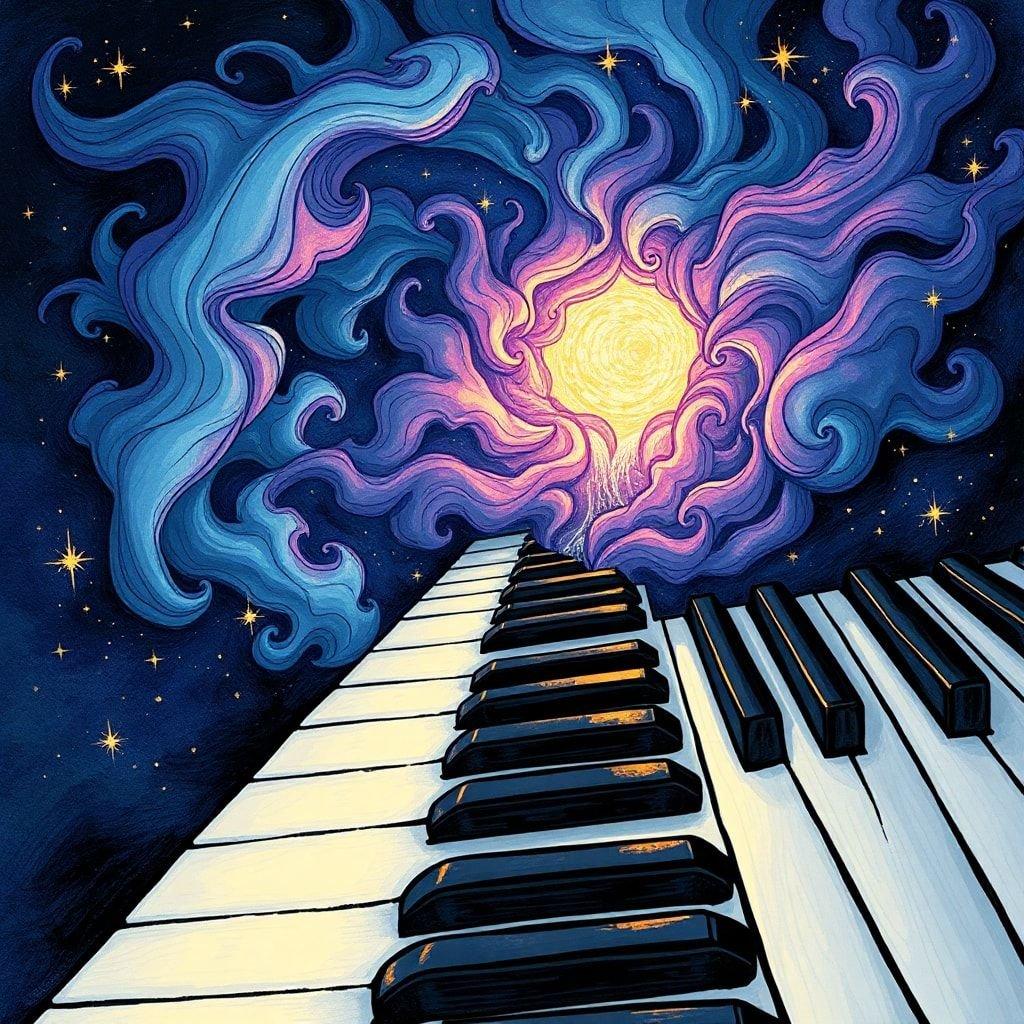 Experience the universe in harmony, as if each key on this keyboard was part of a cosmic melody. The nebulae swirl in a symphony of stars and galaxies, with the sun at its heart, in tune with your imagination.