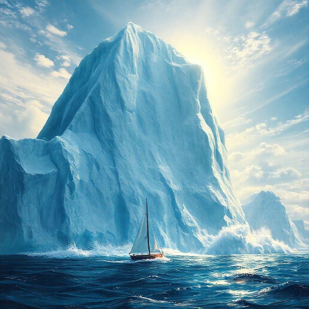 Experience the solitude and majesty of ice giants as a lone sailor braves their path in this digital wallpaper. The vast expanse of water beneath the towering ice floes paints a serene picture, with a single vessel daring to traverse such grandeur.