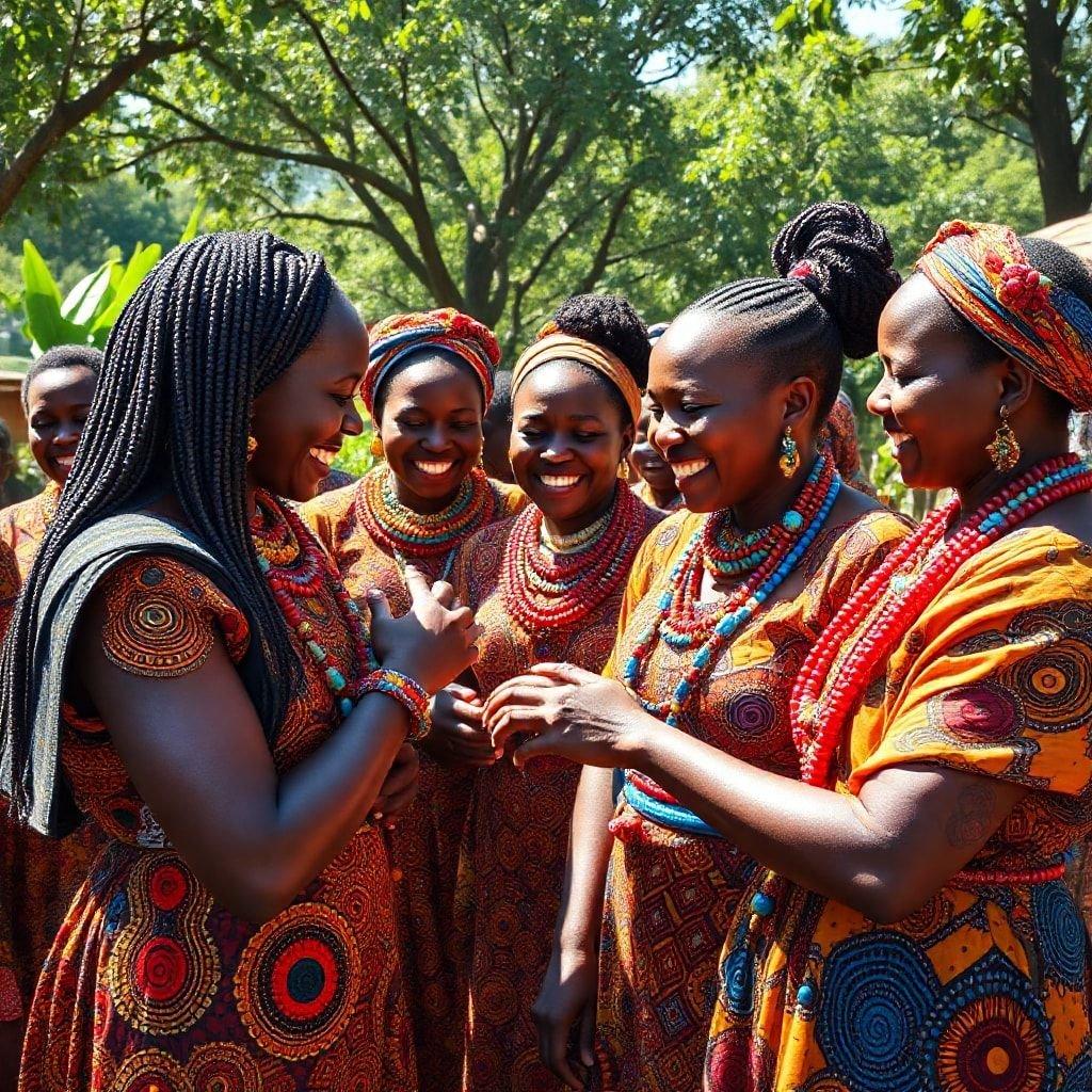 A vibrant gathering of people dressed in traditional clothing, celebrating together at a festival. They are smiling and appear to be dancing.