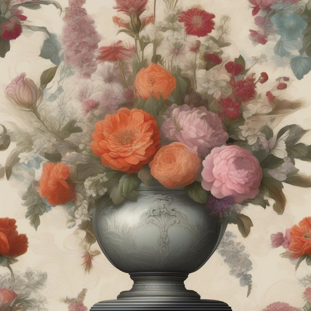 Add a touch of elegance to your space with this beautiful floral wallpaper featuring a gray vase and vibrant flowers.