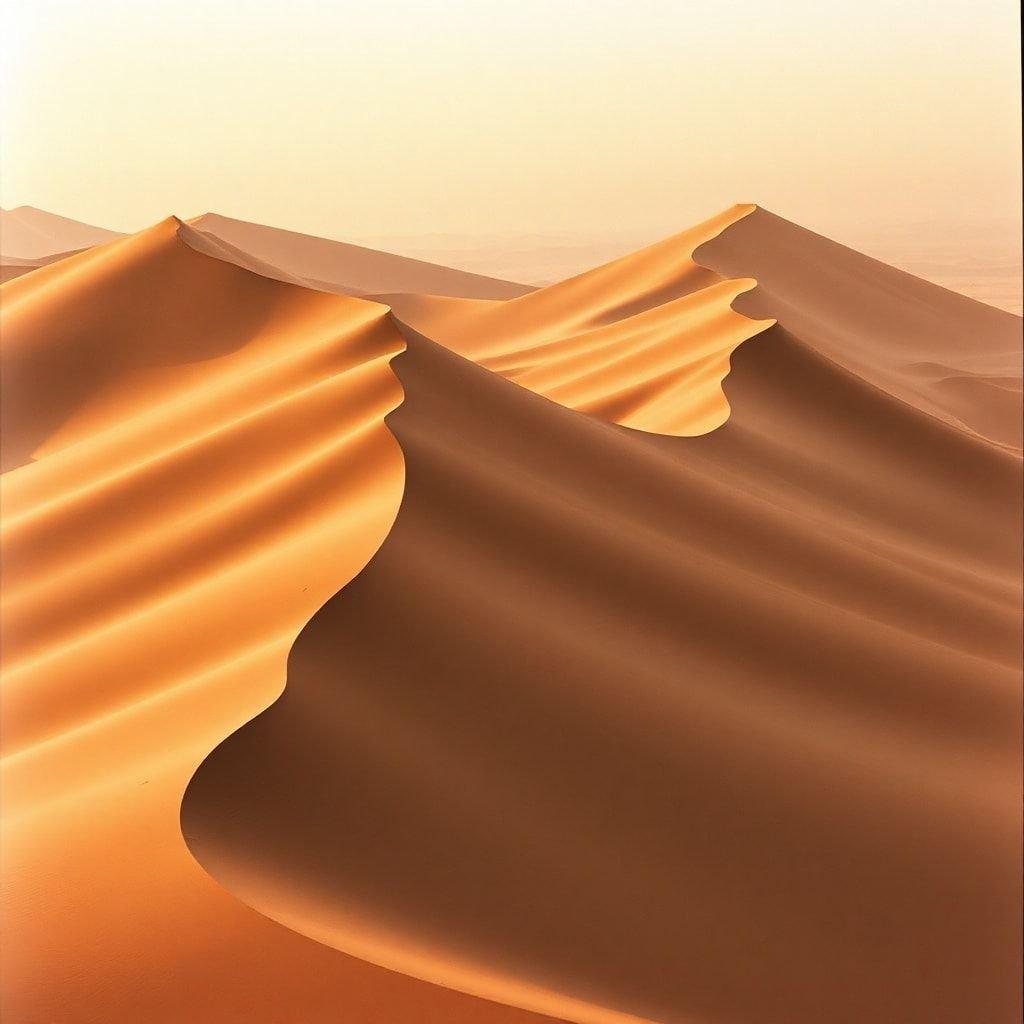 A serene sunset over the sand dunes, showcasing the breathtaking beauty of nature's desert landscapes.