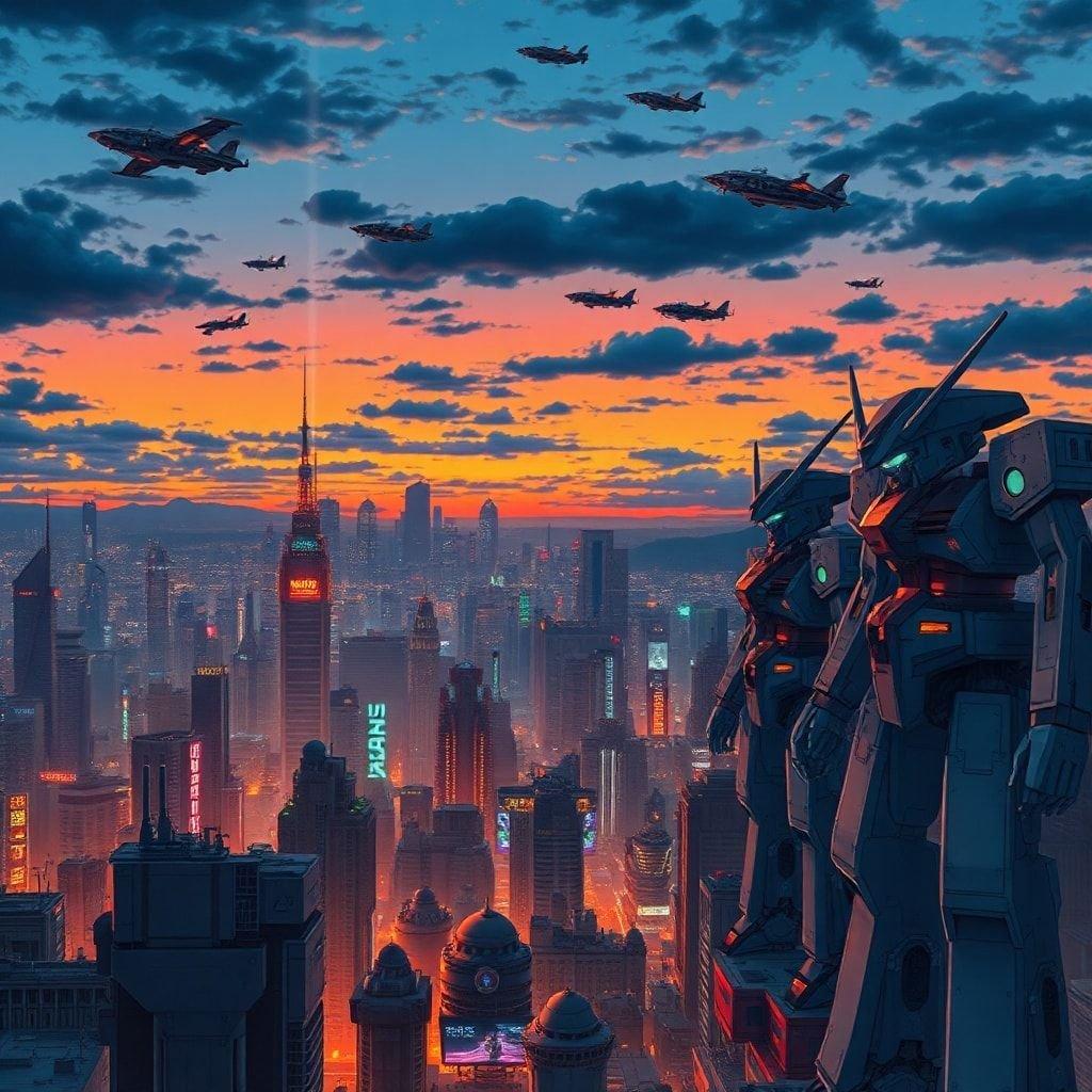 Immerse yourself in the vibrant world of anime with this captivating cityscape wallpaper. The futuristic metropolis comes alive at dusk, with towering robots standing guard amidst the bustling streets. Their sleek bodies glisten in the fading light, while their intense gaze commands your attention. This stunning image is perfect for fans of anime and science fiction, offering a unique blend of action and atmosphere.