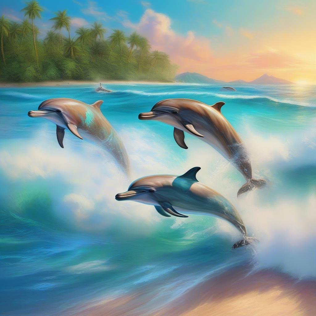 Experience the beauty of an ocean sunset amidst the rhythmic dance of dolphins. This serene wallpaper captures the essence of a tropical escape where nature paints a picture of tranquility and freedom.