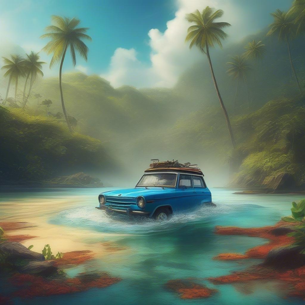 The classic car waits by the tropical shore, poised to drive off into the adventure ahead.