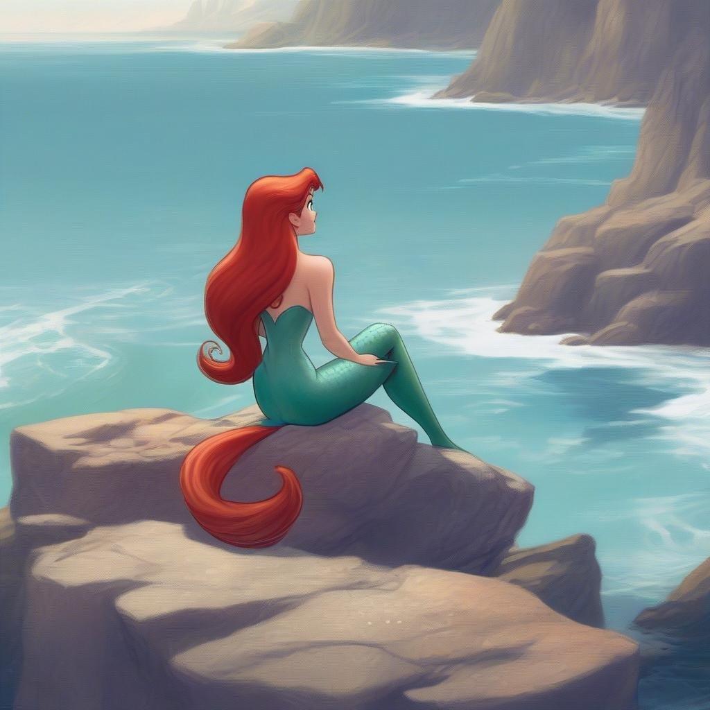 A casual depiction of Disney's Princess Ariel, sitting on a rock by the sea, gazing into the distance. The artwork is rich with detail and captures the essence of her adventurous spirit.