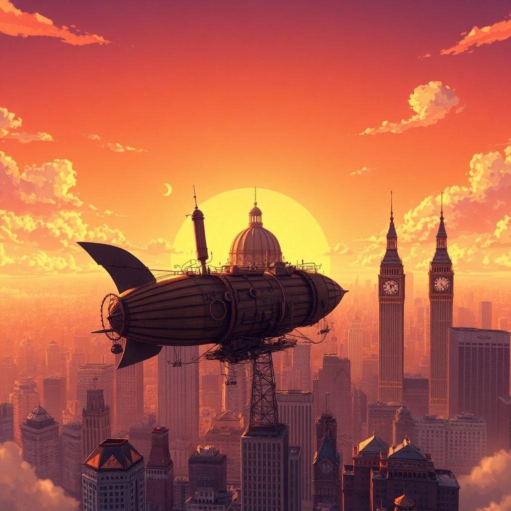 Experience the thrill of a steampunk-inspired airship soaring above a vibrant metropolis, with its intricate details and large central tower, set against a breathtaking sunset backdrop.