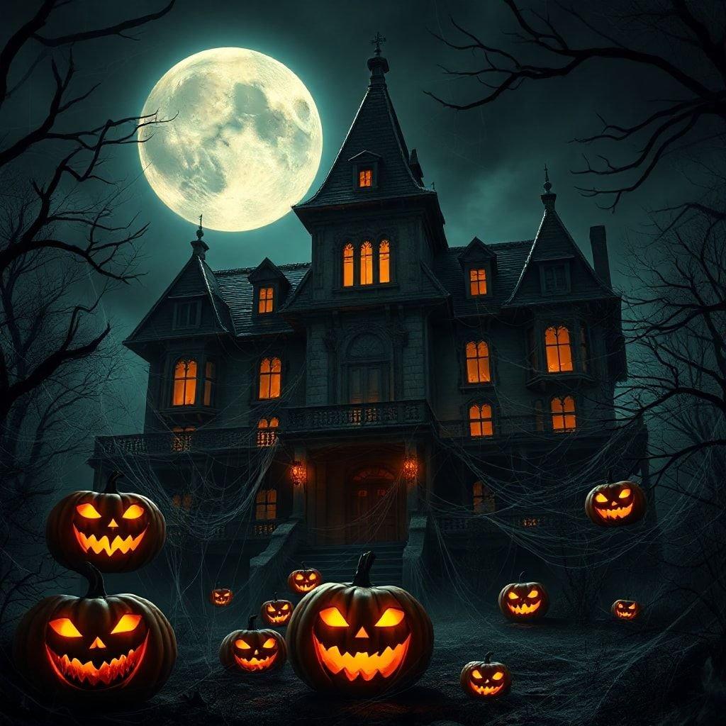 Welcome to the spookiest night of the year! A haunted house looms under a full moon, its jack-o'-lanterns grinning with eerie anticipation. Will you dare to step up to the front door?