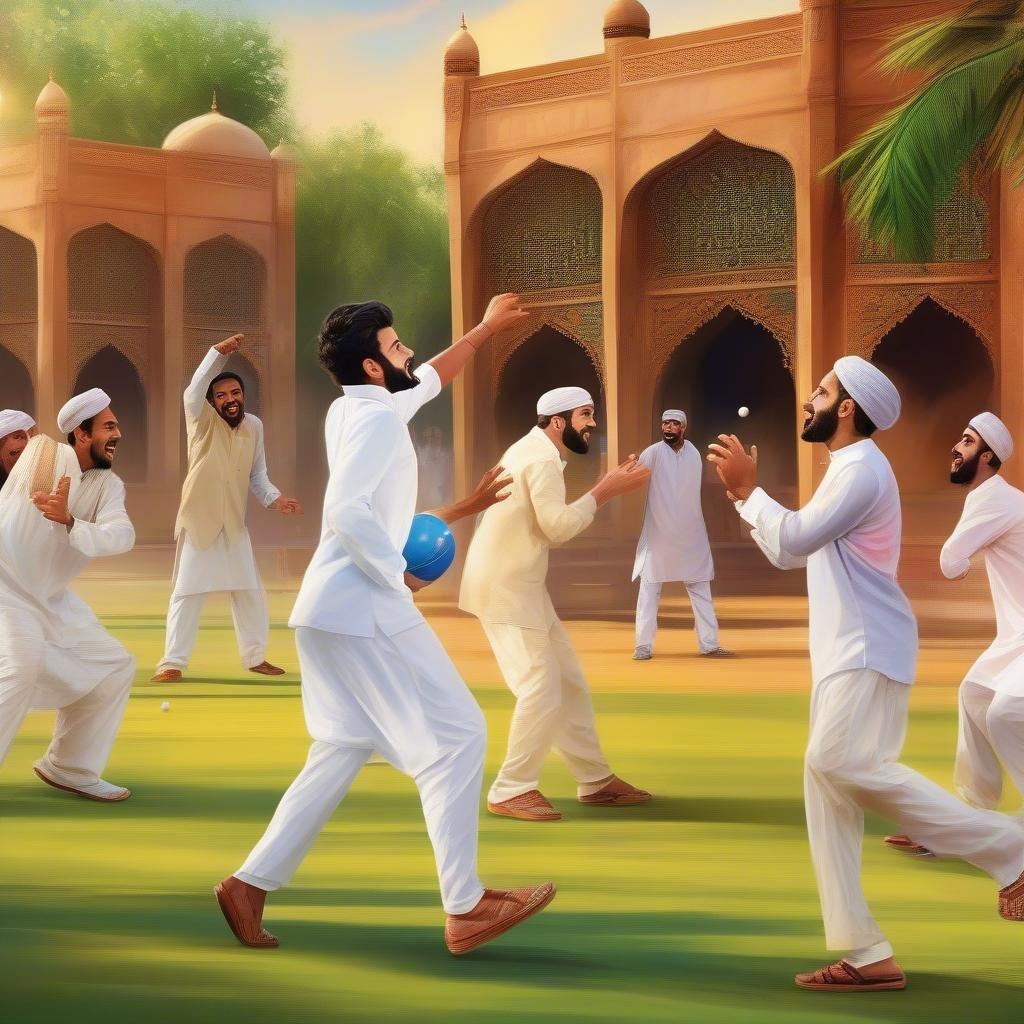 In the warm glow of the sunset, a group of friends come together to enjoy a friendly game of cricket. They are all dressed in traditional Pakistani clothing, some with beards and turbans, embodying the spirit of unity and camaraderie that is celebrated during Ramadan and Eid festivities.