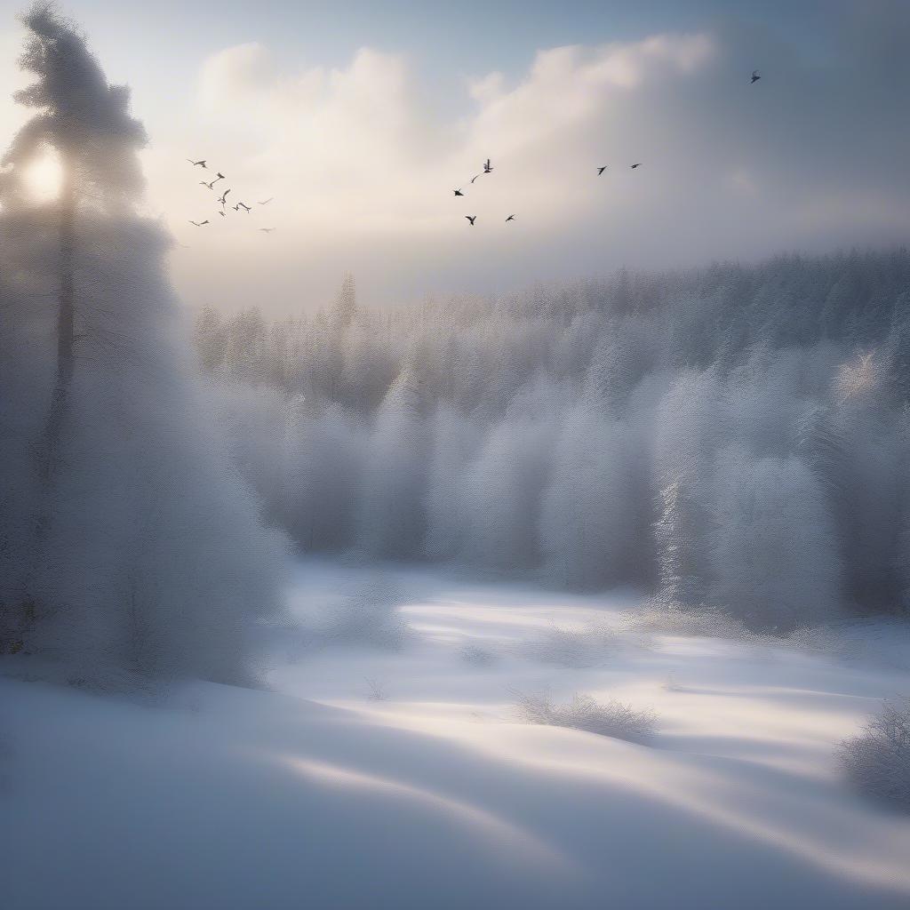 A serene winter forest scene with snow-covered trees, a clearing in the distance, and birds flying above.