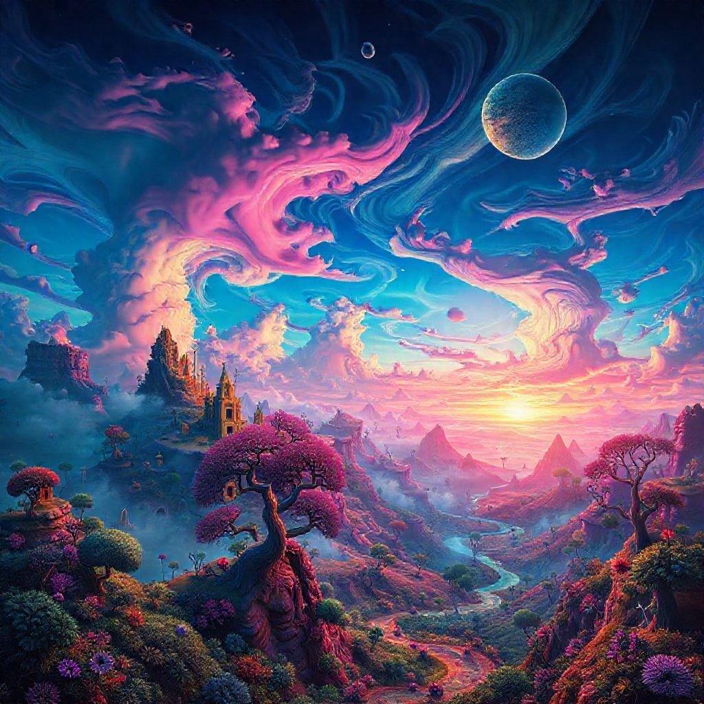 A colorful fantasy world with magical landscapes, floating islands, and a celestial sunset.