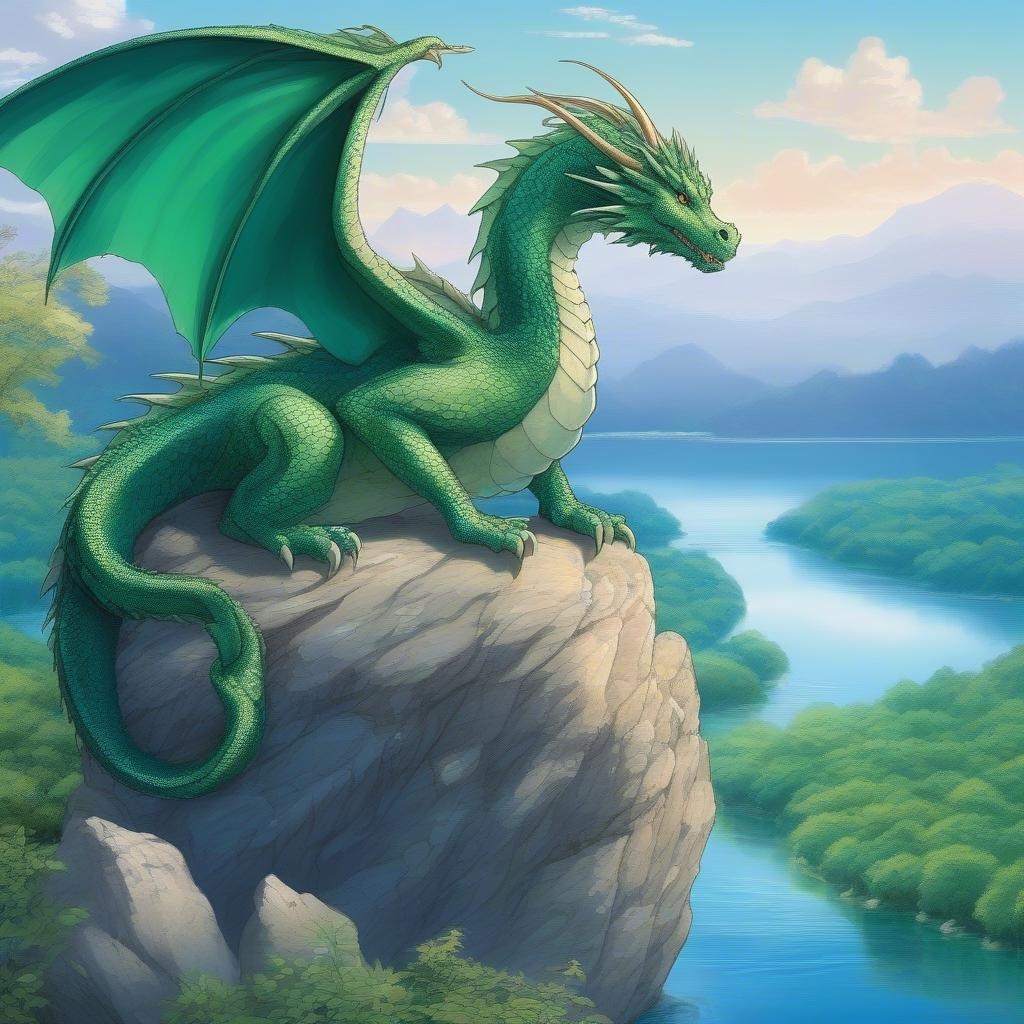 Dans le royaume tranquille où la beauté de la nature rencontre le charme mystique de la fantasy, un majestueux dragon se perche au sommet d'un rocher surplombant un lac serein. L'étendue azur reflète le ciel bleu clair, où des nuages blancs dérivent paresseusement et des sommets montagneux s'élèvent au loin. Cette illustration anime détaillée capture l'essence de la fantasy et de l'art anime avec ses couleurs vives et ses détails complexes. Le regard du dragon est aussi captivant que serein, ajoutant une touche d'enchantement à ce cadre idyllique.