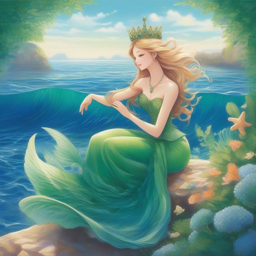 Dive into a magical undersea world with this anime mermaid princess. Elegantly dressed in a stunning green dress and a feather crown, she emerges from the deep blue ocean on a serene day. Her enchanting presence adds a touch of sophistication to her surroundings.