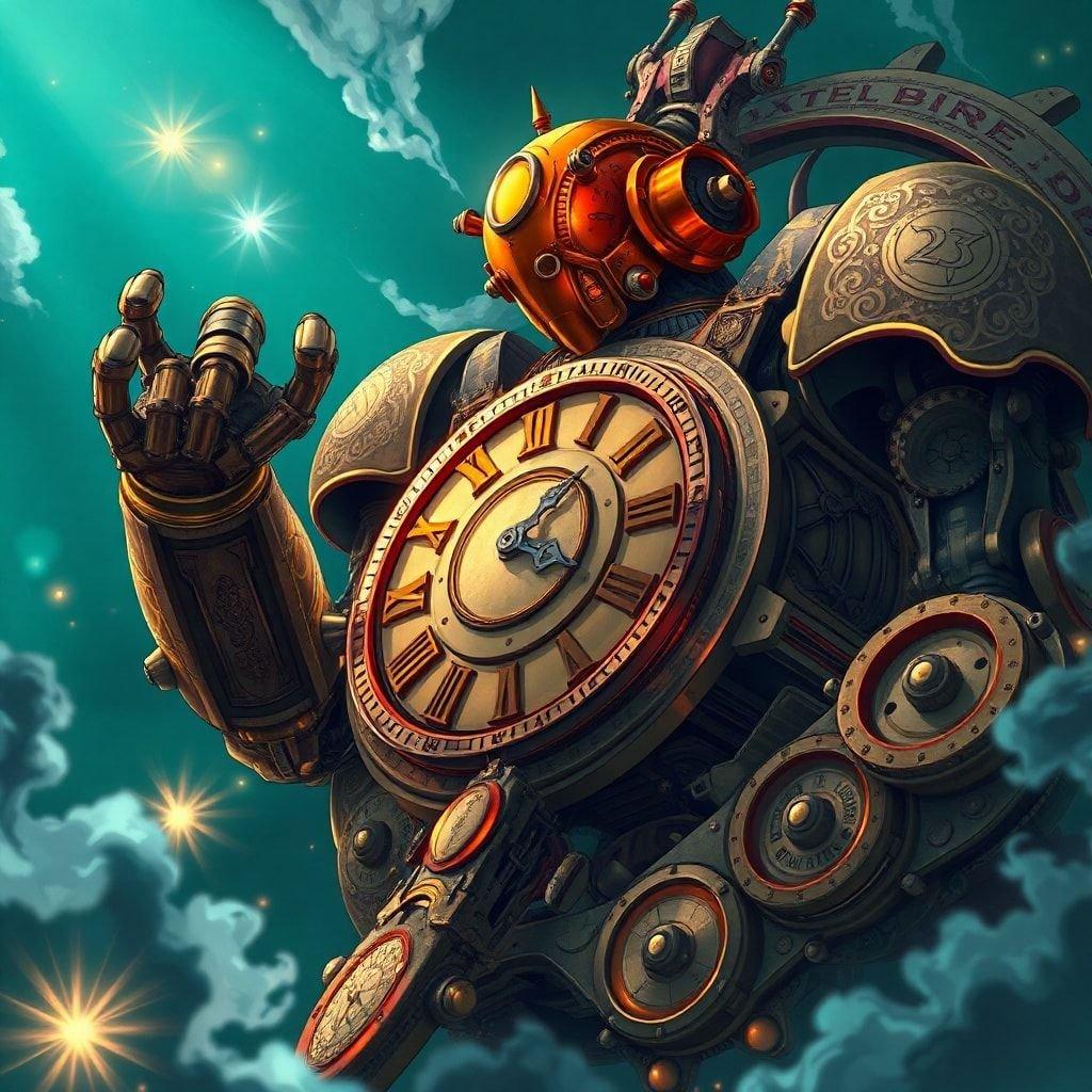 Entra in un mondo di meraviglie steampunk con questa affascinante illustrazione digitale di un robot che opera un enorme orologio. I motivi intricati del robot e la sua testa arancione brillante emanano un senso di potere e sofisticazione, mentre la sua grande testa e il suo braccio potente trasmettono un senso di forza e capacità. Lo sfondo blu scuro e verde aggiunge profondità e mistero alla scena, invitando lo spettatore a esplorare i dettagli intricati della meccanica del robot e il senso di movimento e potere che pervade l'immagine.