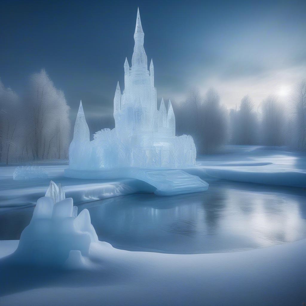 Step into a world of enchantment and wonder with this breathtaking fantasy landscape. The ice castle stands tall amidst a frozen lake, its delicate spires and towers reaching for the sky. The surrounding trees are covered in a thick layer of snow, their branches etched against the pale blue sky like delicate pen and ink drawings. The overall effect is one of ethereal beauty, as if the very fabric of reality has been transformed into a work of art.