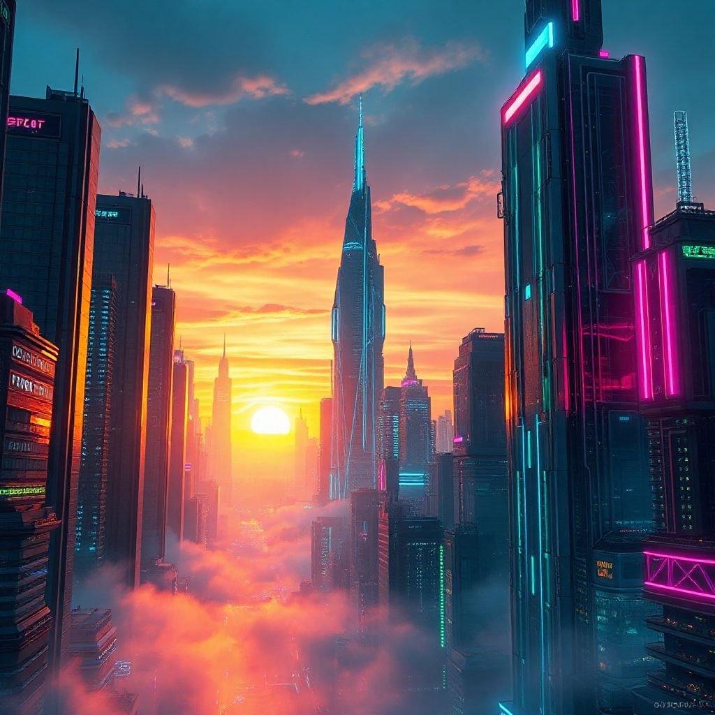 An enchanting view of futuristic city skyline with a dramatic sunset as the backdrop, evoking a sense of anticipation for what lies ahead in this sci-fi world.